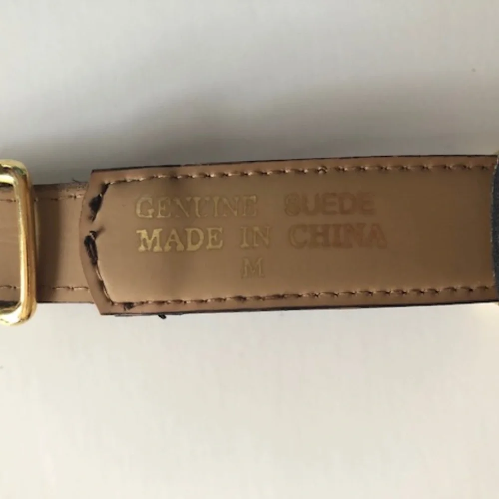 Brown suede leather fashion belt with gold accents